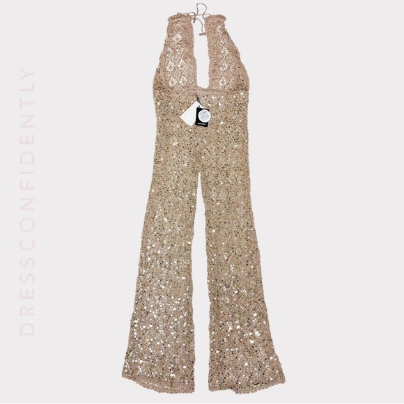 RETROFÊTE Tosca Sequin Crochet Jumpsuit - Rose Gold - Picture 8 of 12